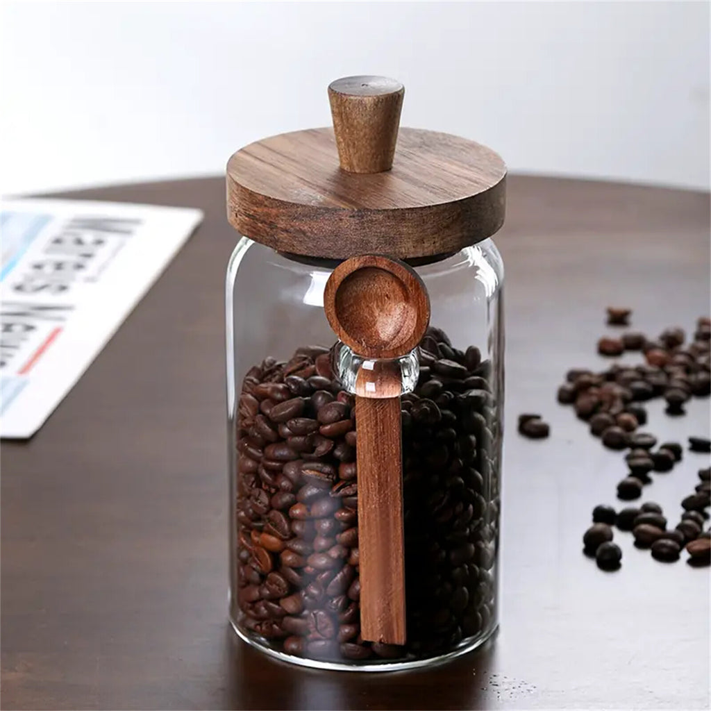 2 Pack Glass Storage Jars with Wooden Lid and Spoon – Airtight Coffee, Spice and Food Containers