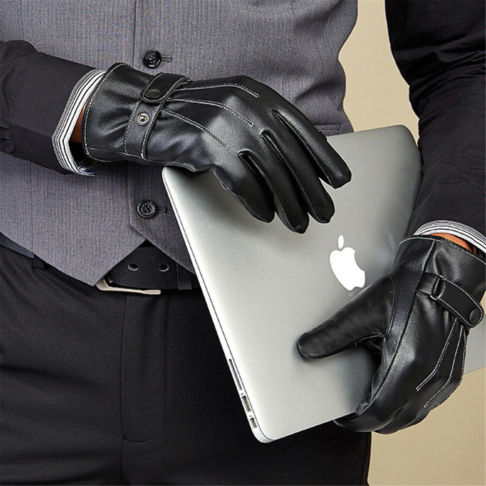 2 Pairs Mens PU Leather Touch Screen Gloves Black Full Finger Winter Gloves