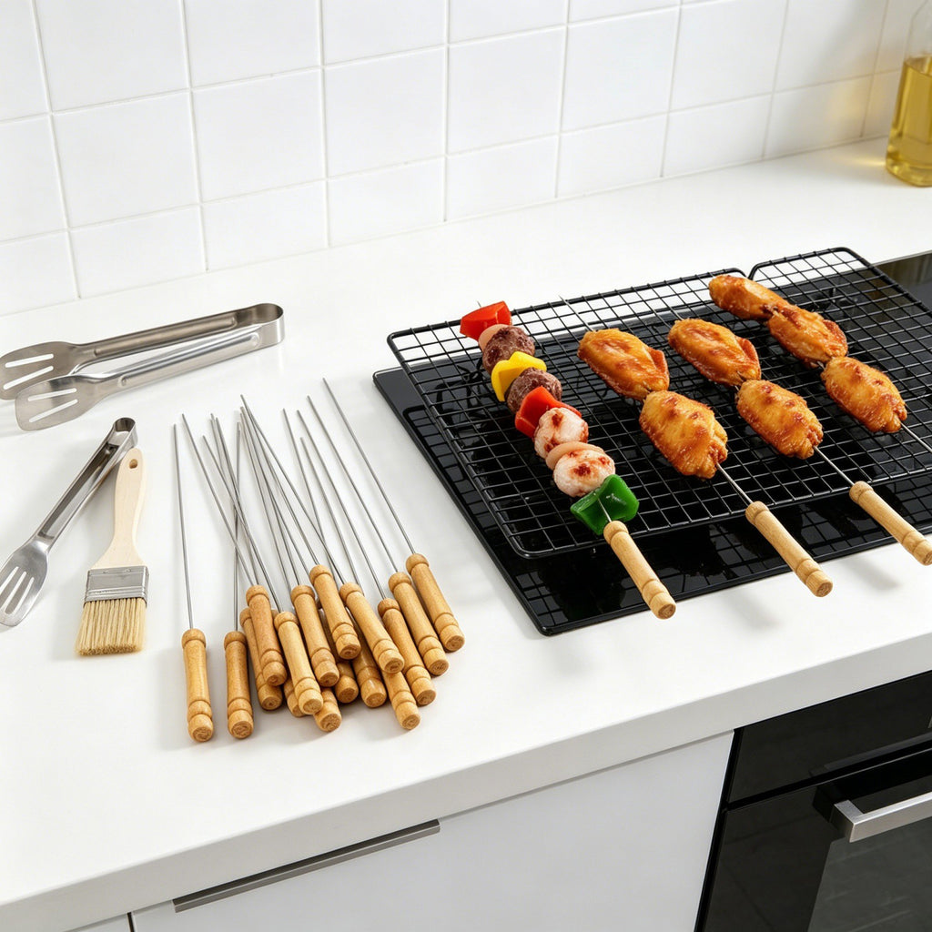 120pcs Stainless Steel BBQ Skewers 31cm | Flat Metal Kebab Sticks with Wooden Handle