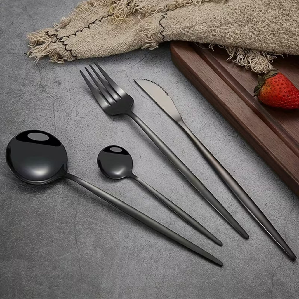24 Piece Stainless Steel Cutlery Set – Black Dinner Knife Fork Spoon Teaspoon Set for Home Dining