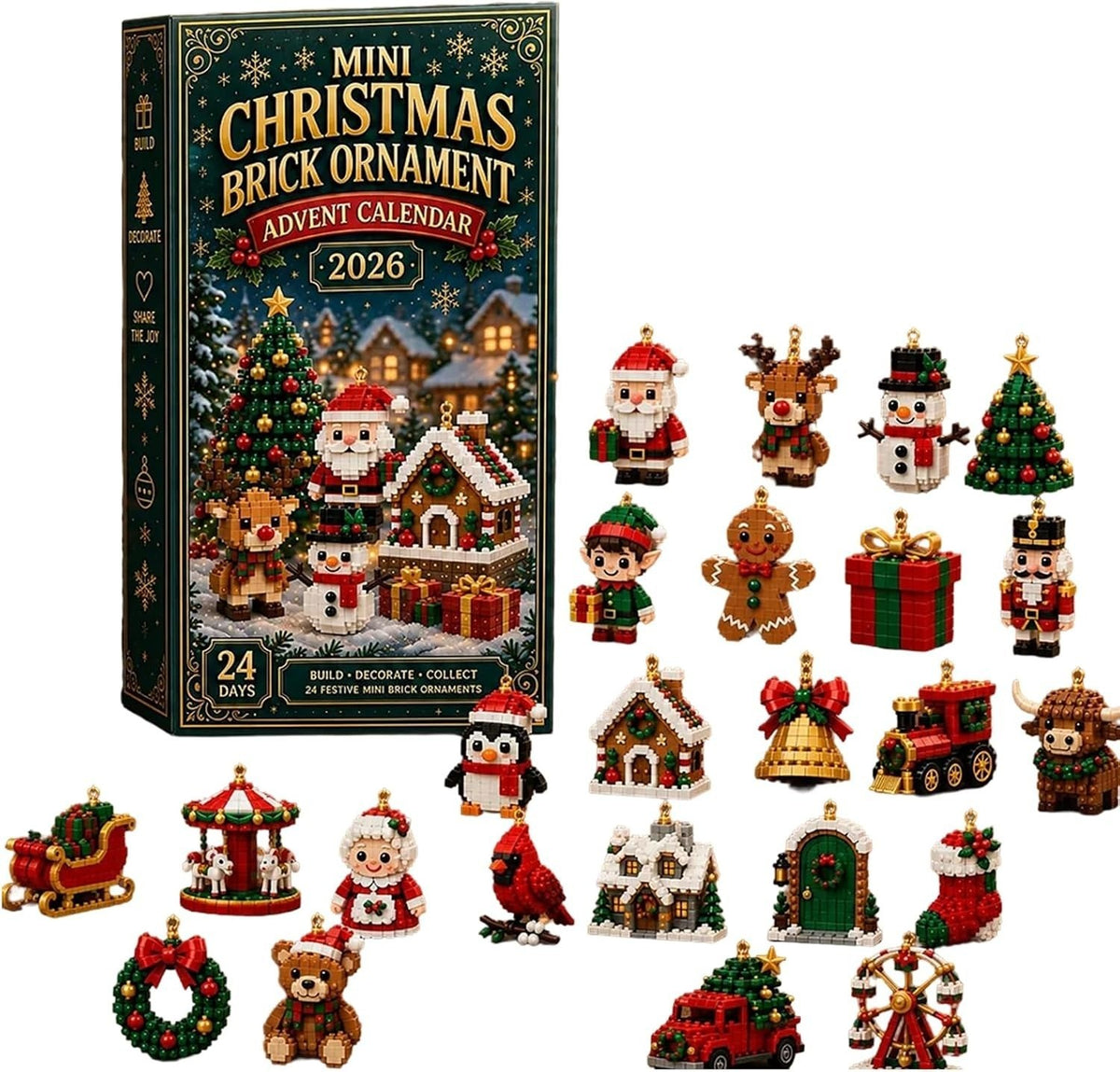 Mini Christmas Brick Ornament Advent Calendar 24 Day Unique Buildable Holiday OD