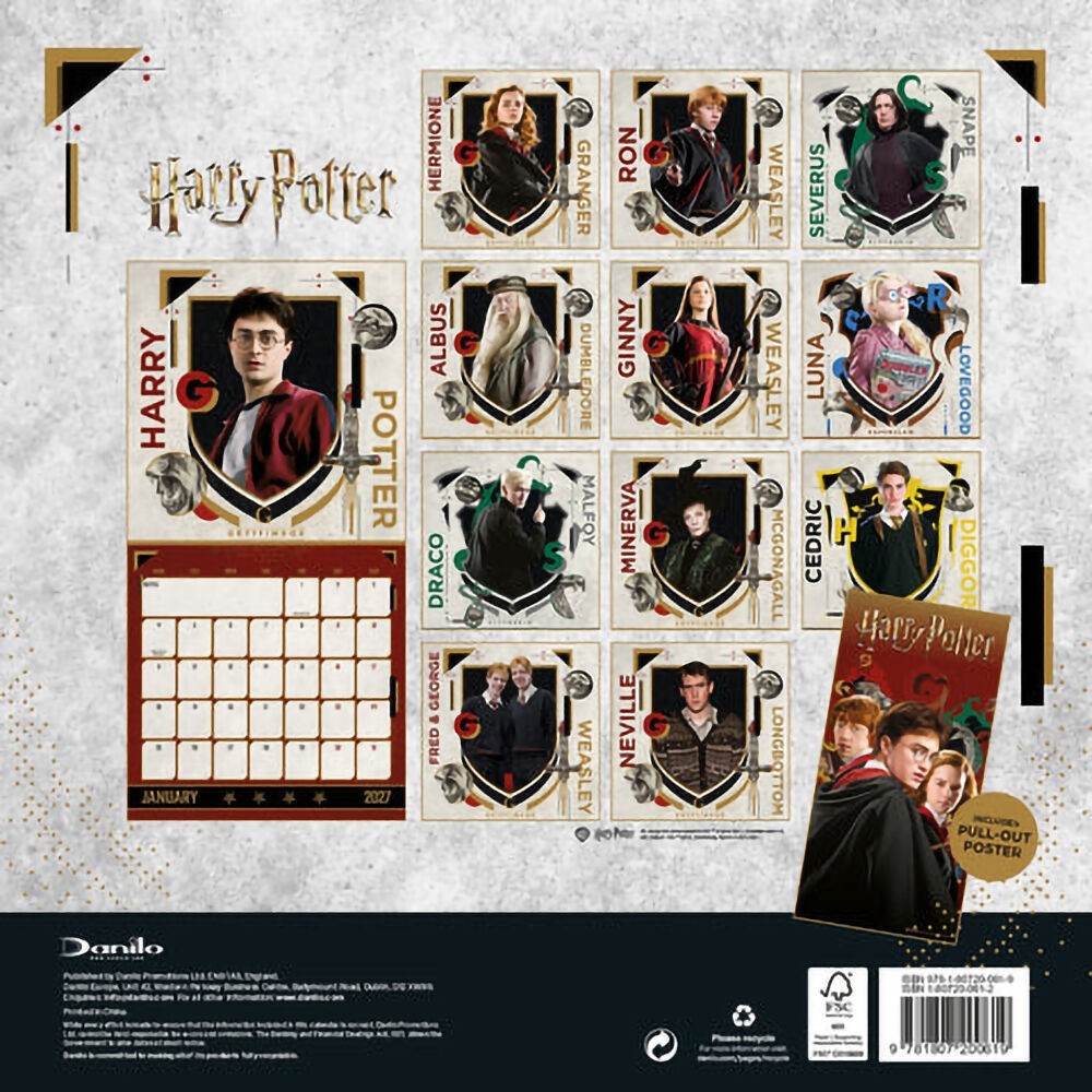 Back cover of the Harry Potter 2027 wall calendar showing each month and the pull-out poster