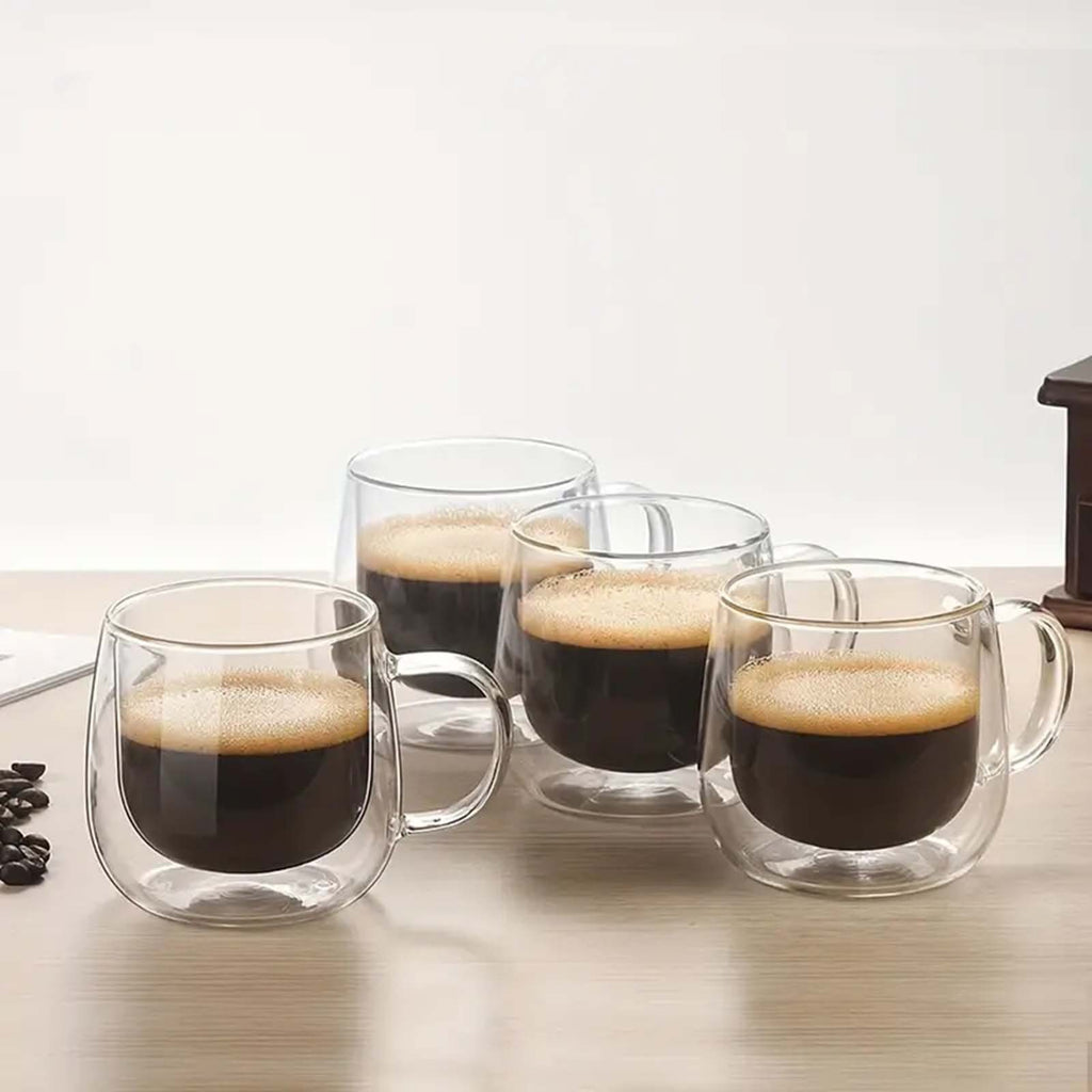 4PCS Double Wall Glass Coffee Tea Cups 300ml Heat Resistant with Stainless Steel Spoons