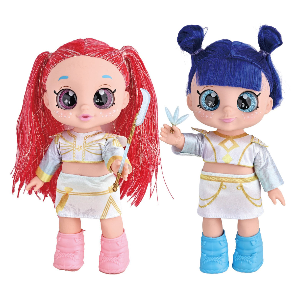 Red and blue hair big eye dolls with toy accessories on a white background