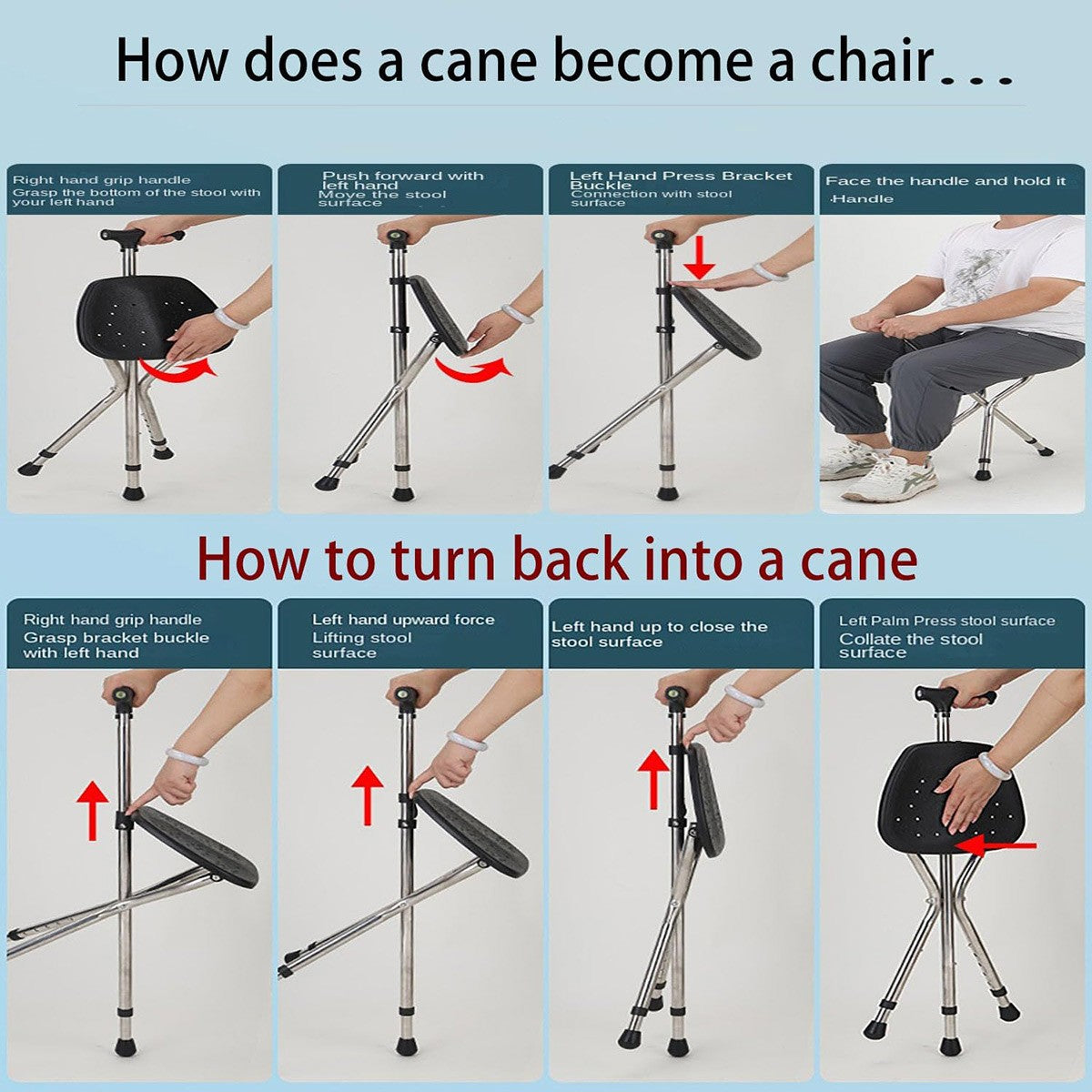 Foldable Seat Cane with Tripod Chair Portable Walking Stick Seat Outdoor Travel Mobility Aid