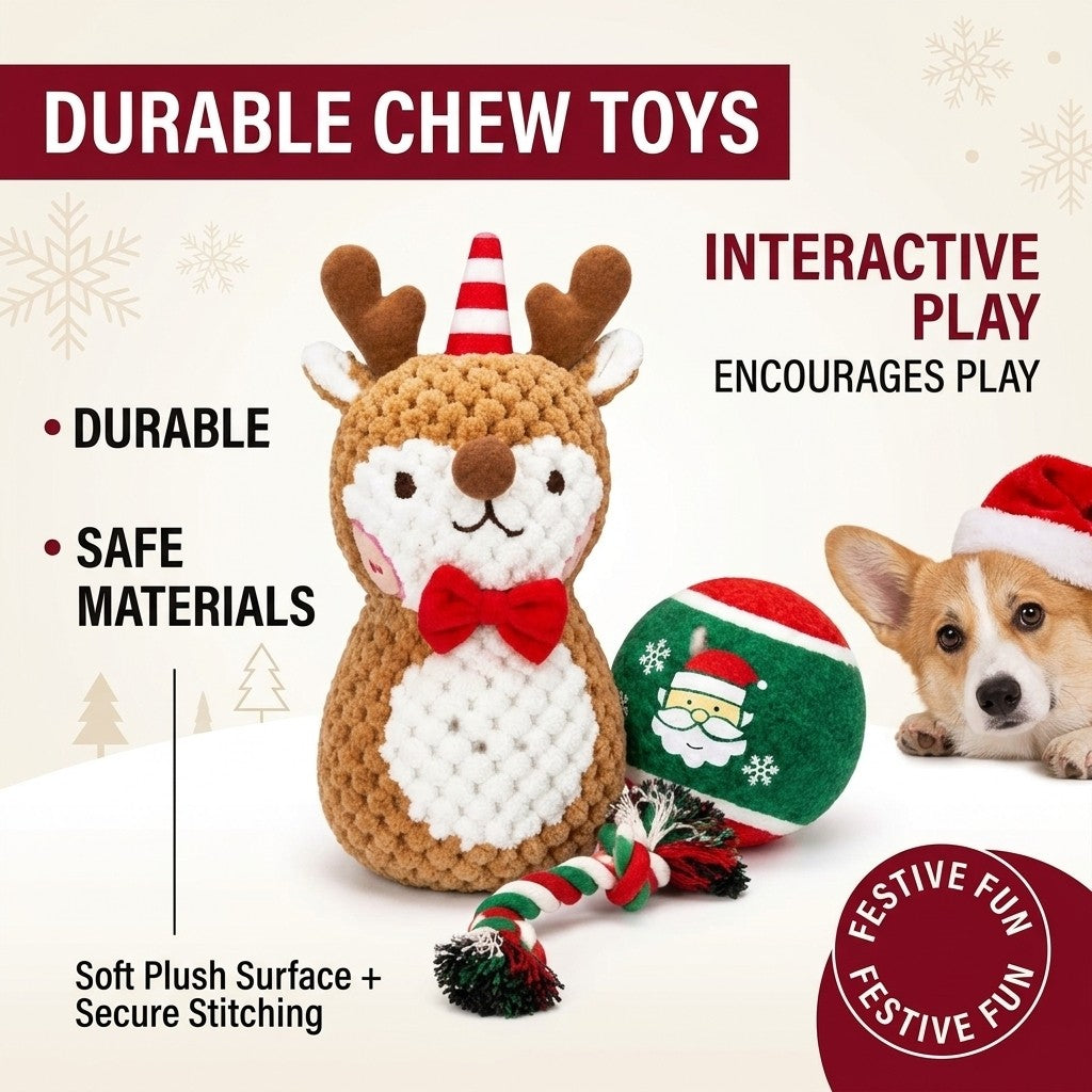 Durable Christmas dog chew toys – plush reindeer and ball with corgi in Santa hat
