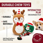 Durable Christmas dog chew toys – plush reindeer and ball with corgi in Santa hat