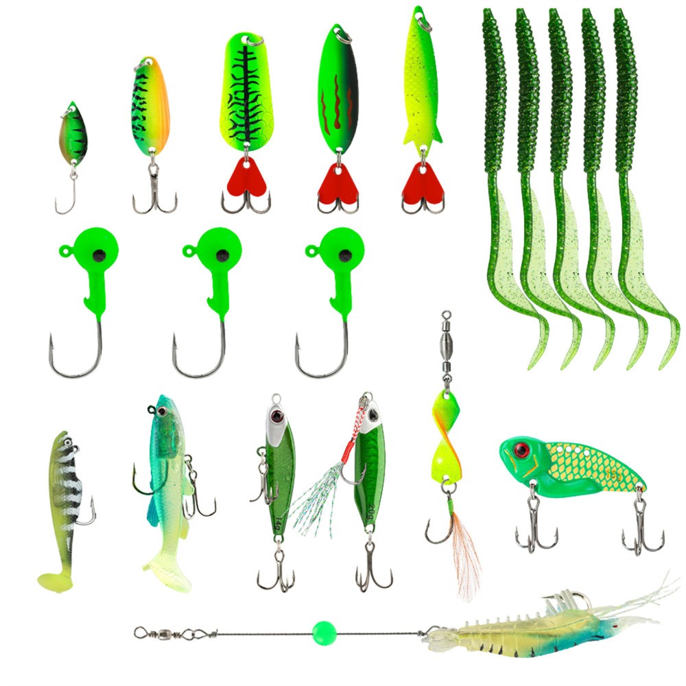 Set D green lure mix with green spoons, jig heads, soft worms and paddle tails