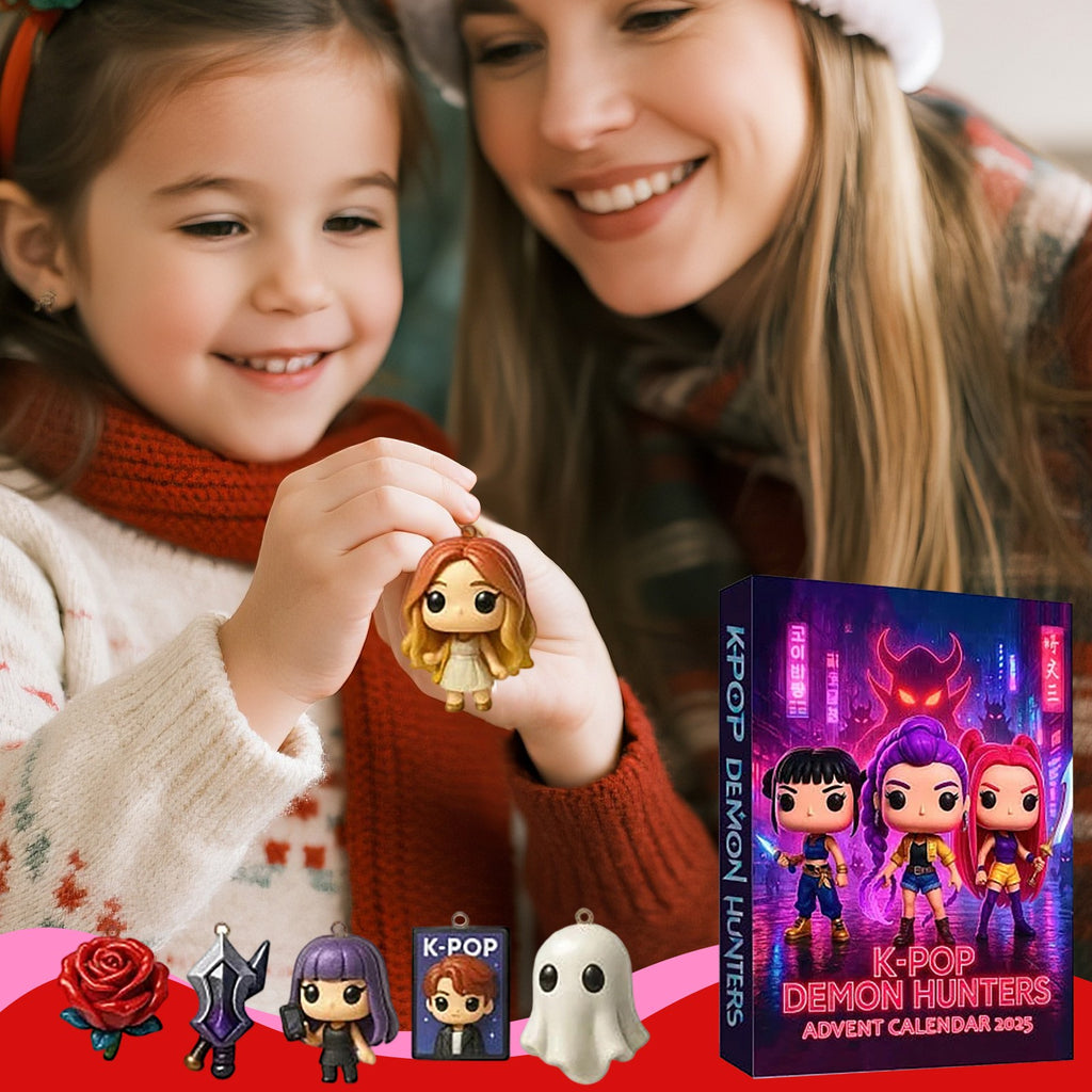 Girl and mum looking at a K-pop singer ornament from the advent calendar