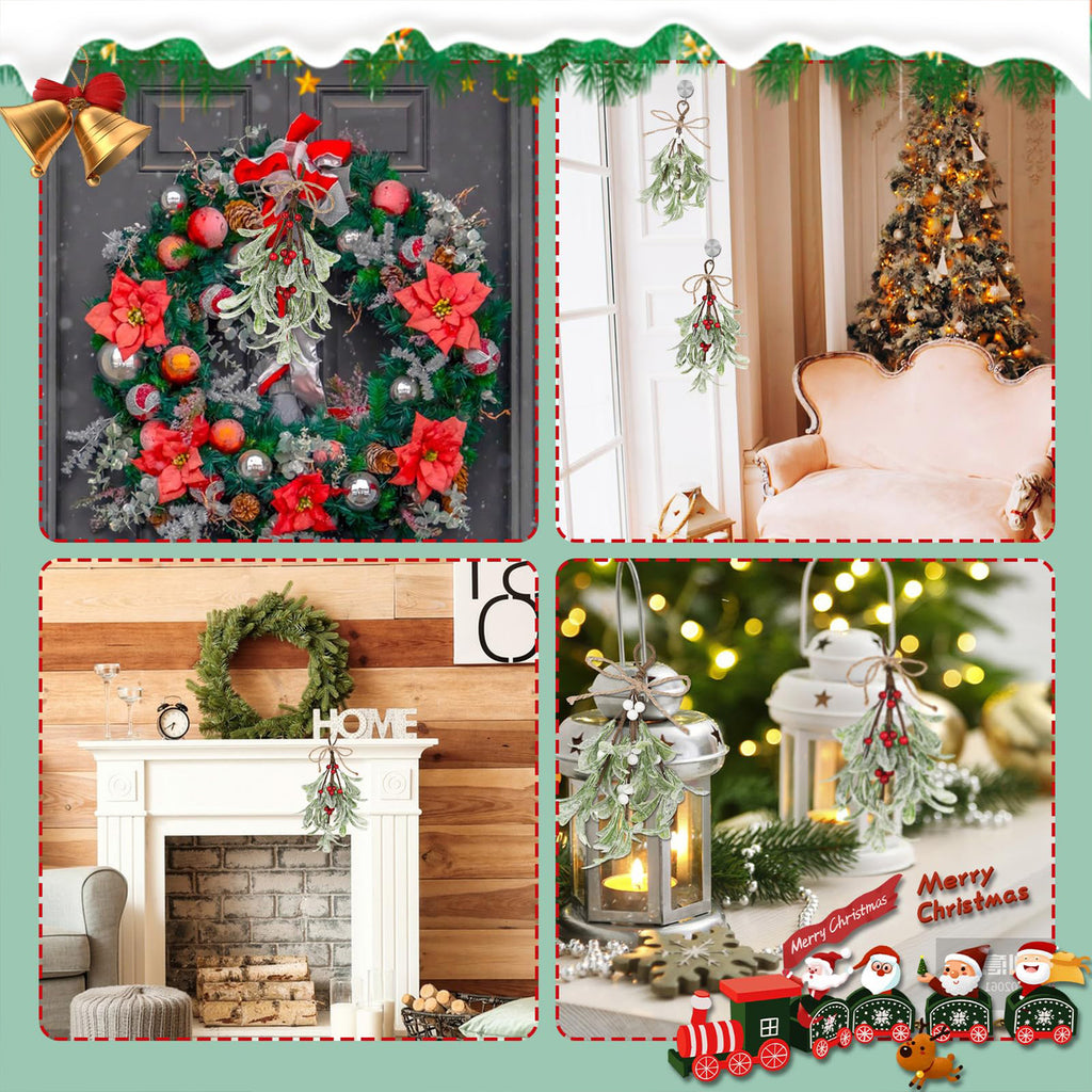 Artificial mistletoe shown in doorway, wreath, mantel and lantern Christmas settings