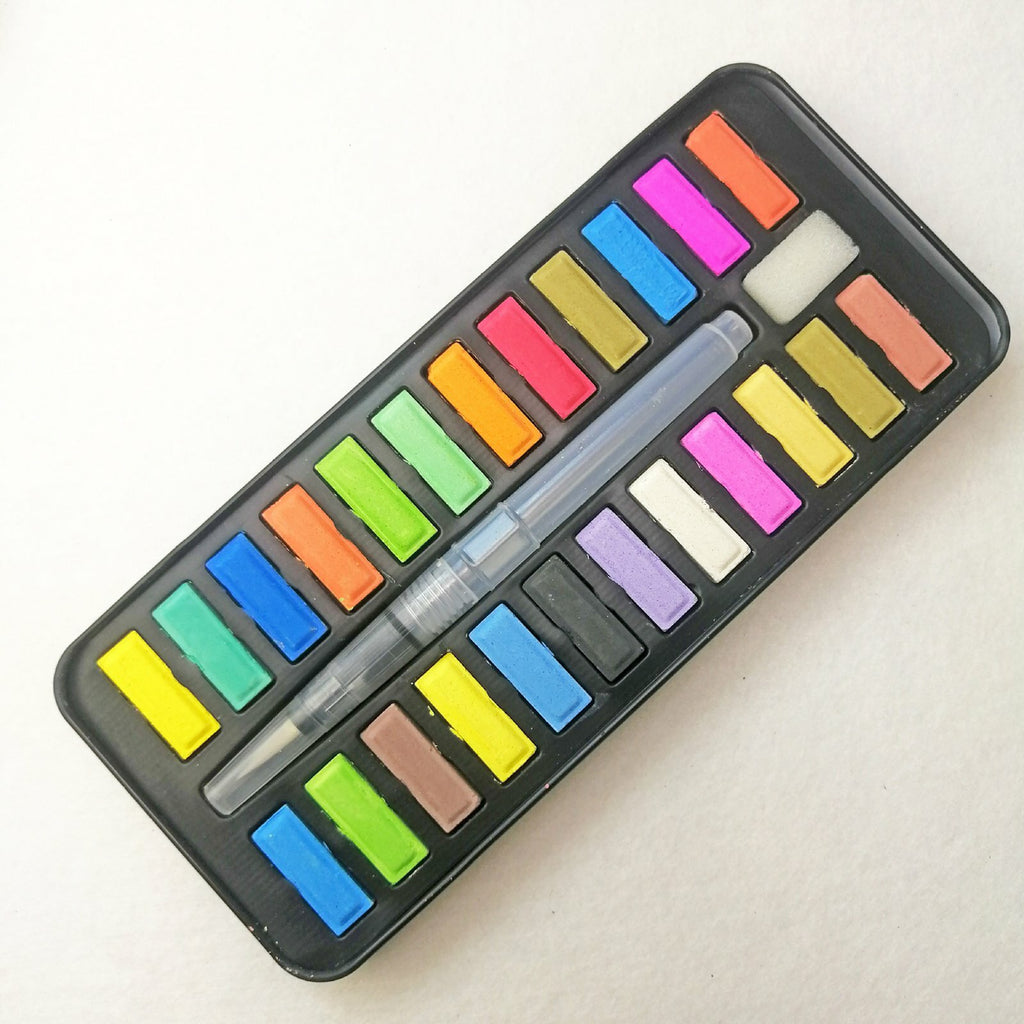 24 or 48 Colour Watercolour Paint Set with Brush - Solid Watercolour Art Kit for Kids and Artists
