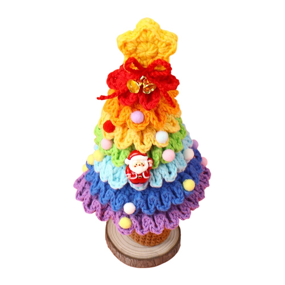 Blue pink multicolour crochet Christmas tree with red bow and bell