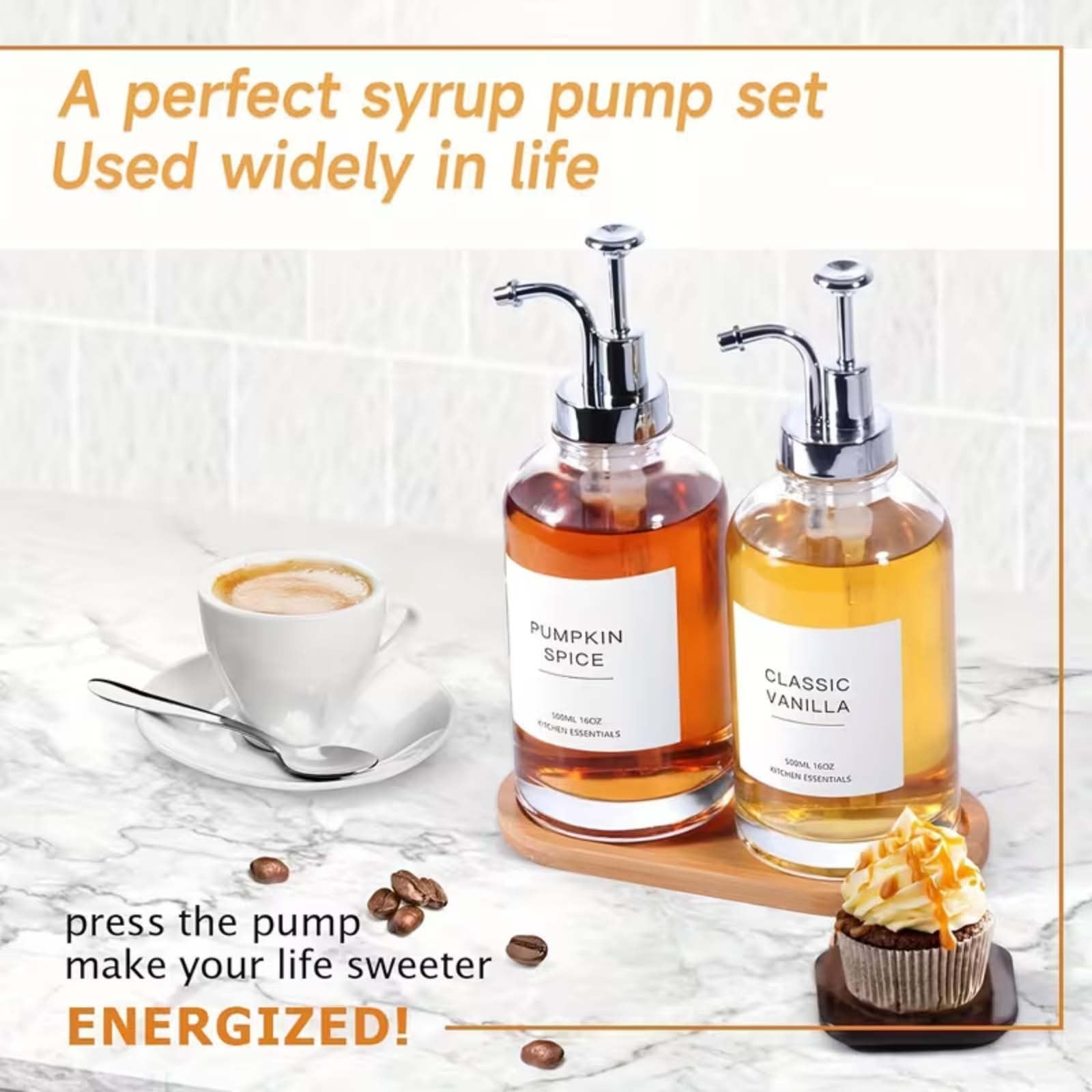 2PCS Glass Coffee Syrup Dispenser Set with Pumps Funnel & Labels 500ML Bottles