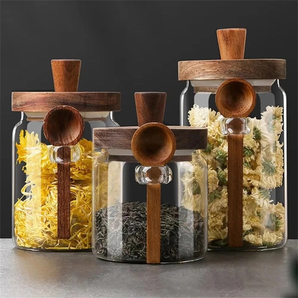 2 Pack Glass Storage Jars with Wooden Lid and Spoon – Airtight Coffee, Spice and Food Containers