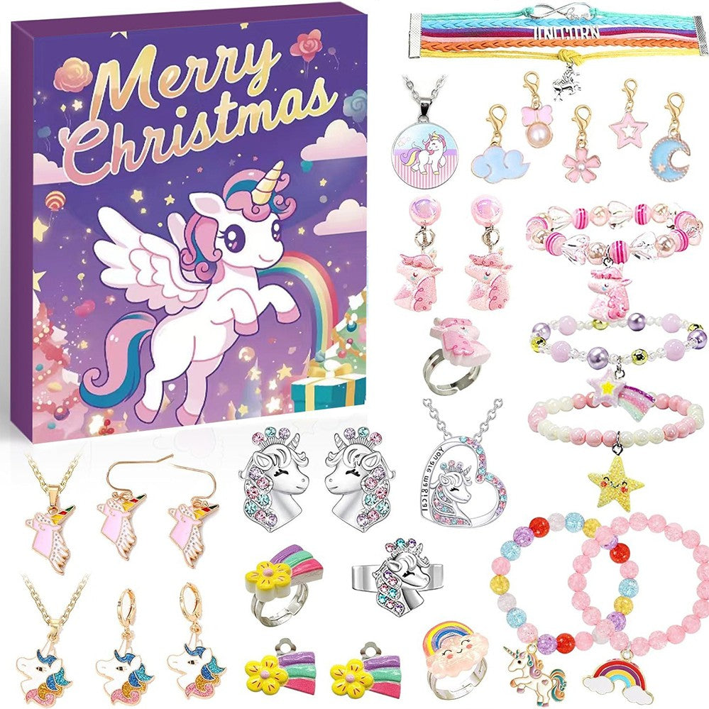 Purple unicorn kids jewellery advent calendar with necklaces, bracelets and rings