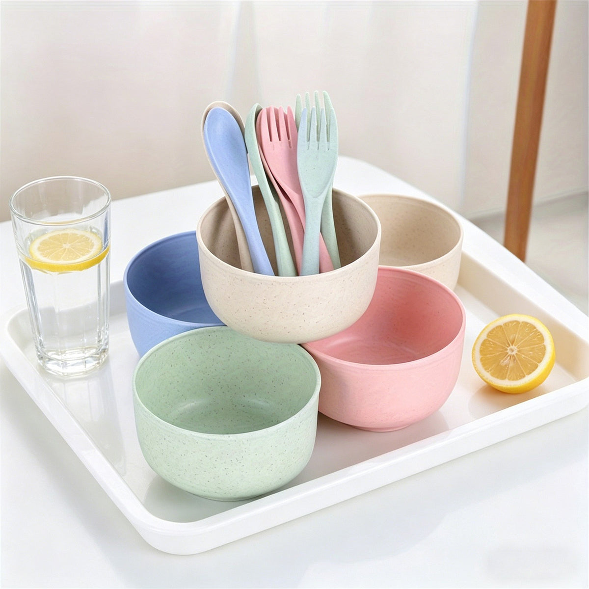 Wheat Straw Dinnerware Set, Kitchen Bowl, Fork and Spoon, Kitchen Dinnerware Set