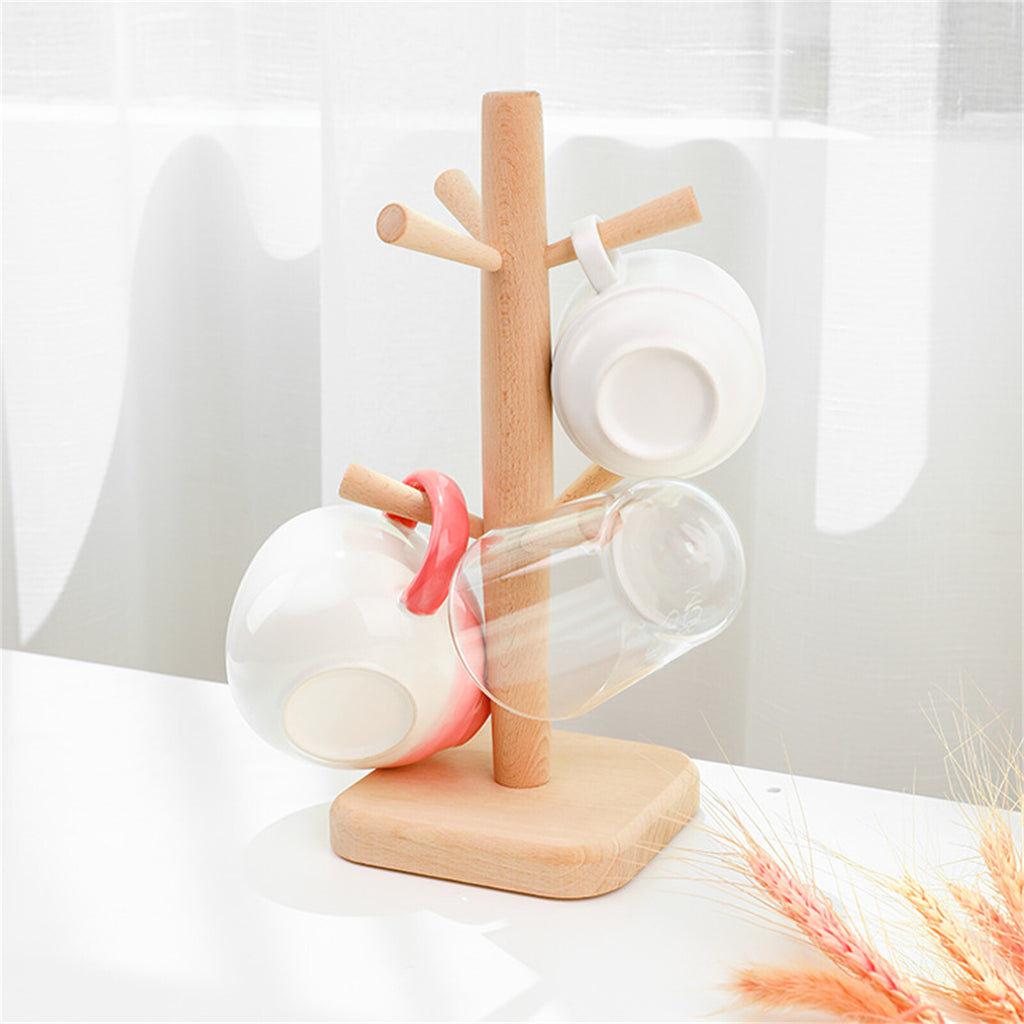 2PCS Wooden Mug Rack Tree with 6 Hooks - Coffee Cup Organiser Stand for Kitchen Counter