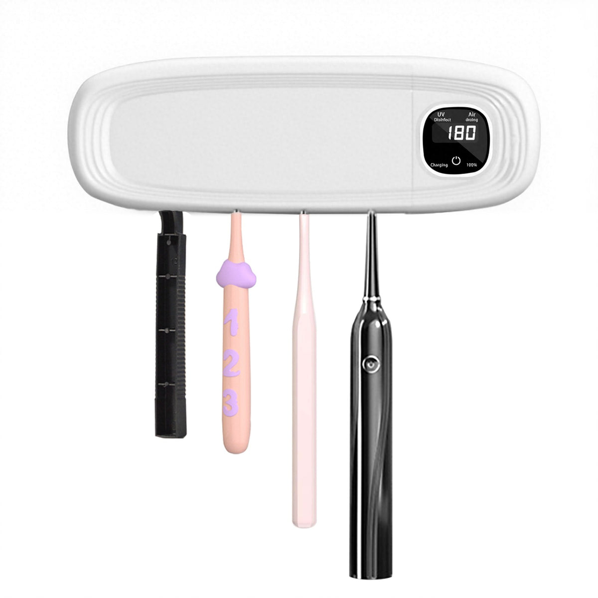 White toothbrush holder with LCD display and four toothbrushes