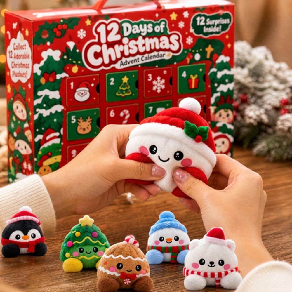 Hands squeezing a soft snowman mini plush toy from the Christmas advent calendar