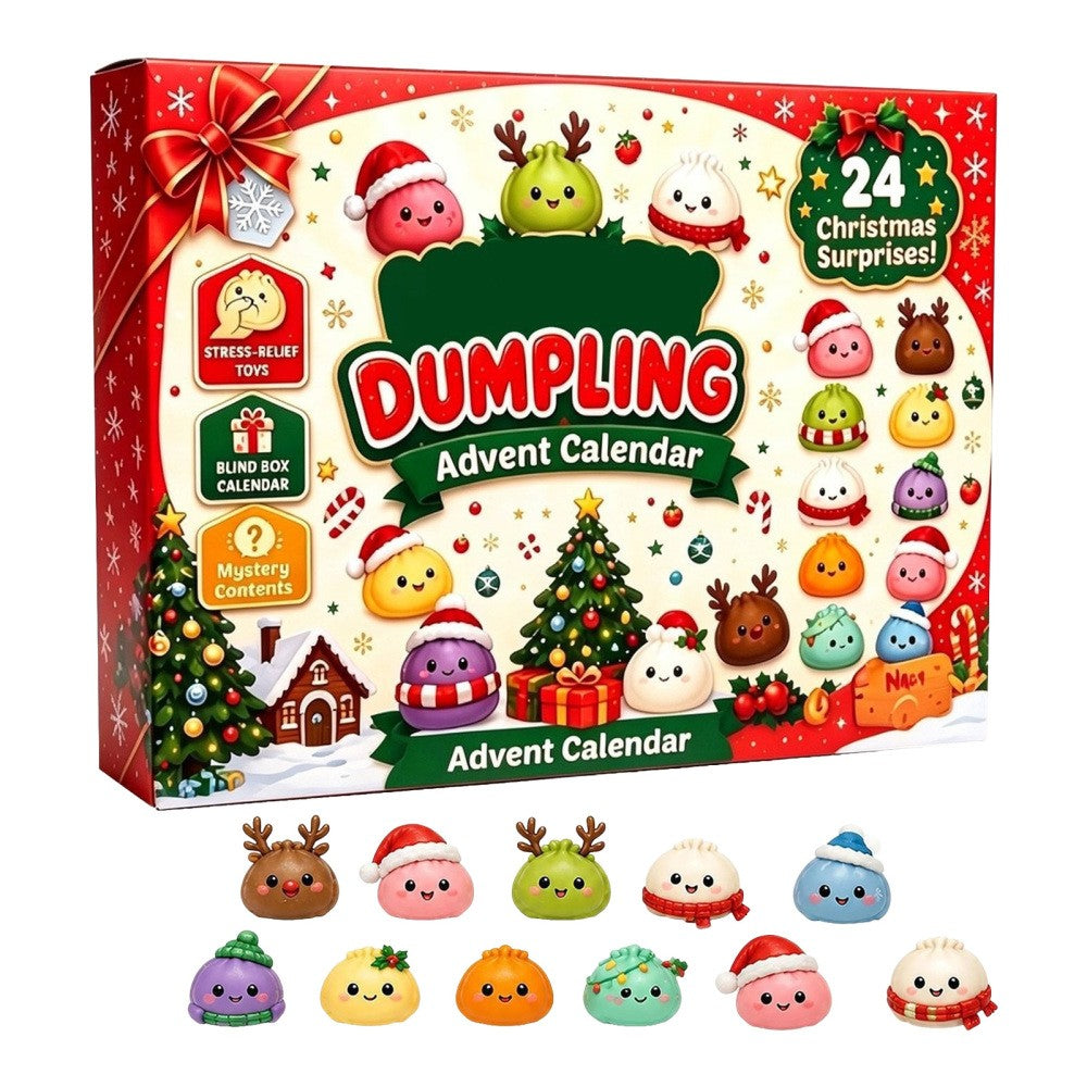 Dumpling squishy advent calendar box front with 24 Christmas surprises on white background