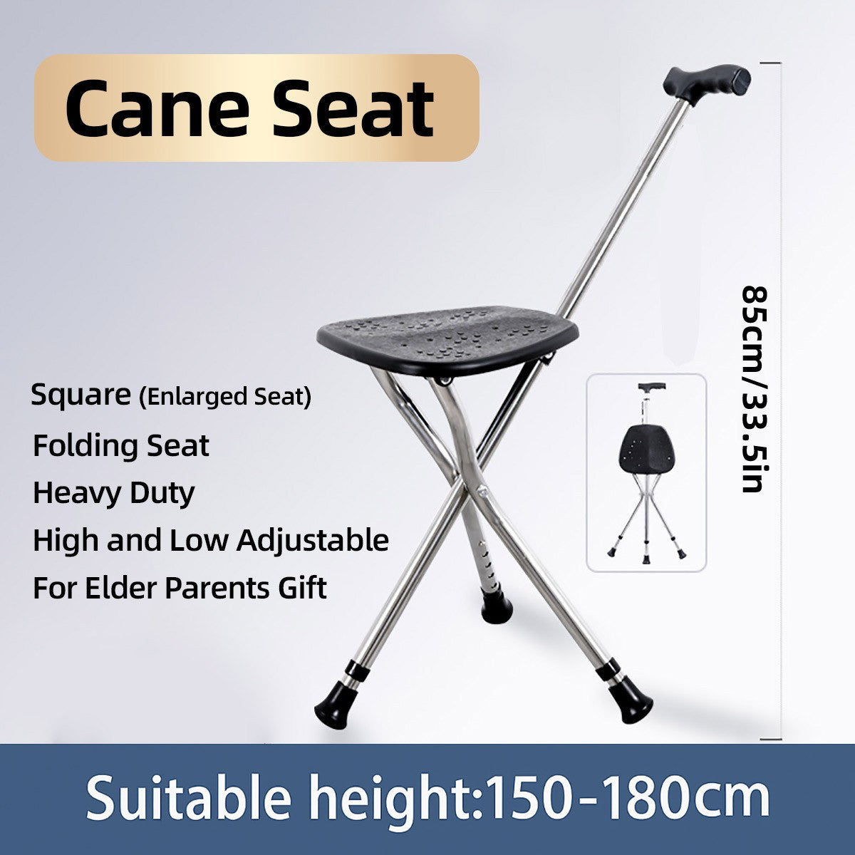 Foldable Seat Cane with Tripod Chair Portable Walking Stick Seat Outdoor Travel Mobility Aid