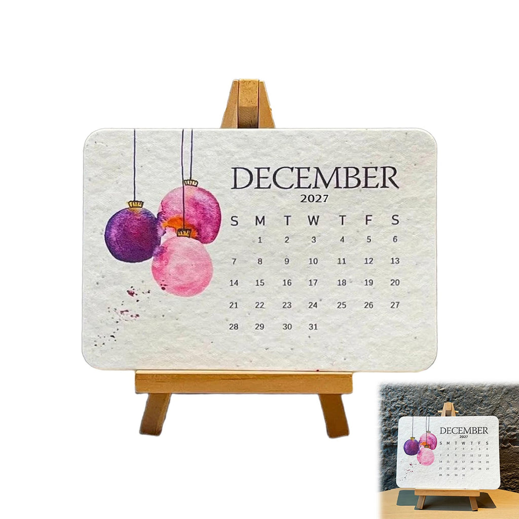 Seed paper 2027 desk calendar December card on stand with close-up inset
