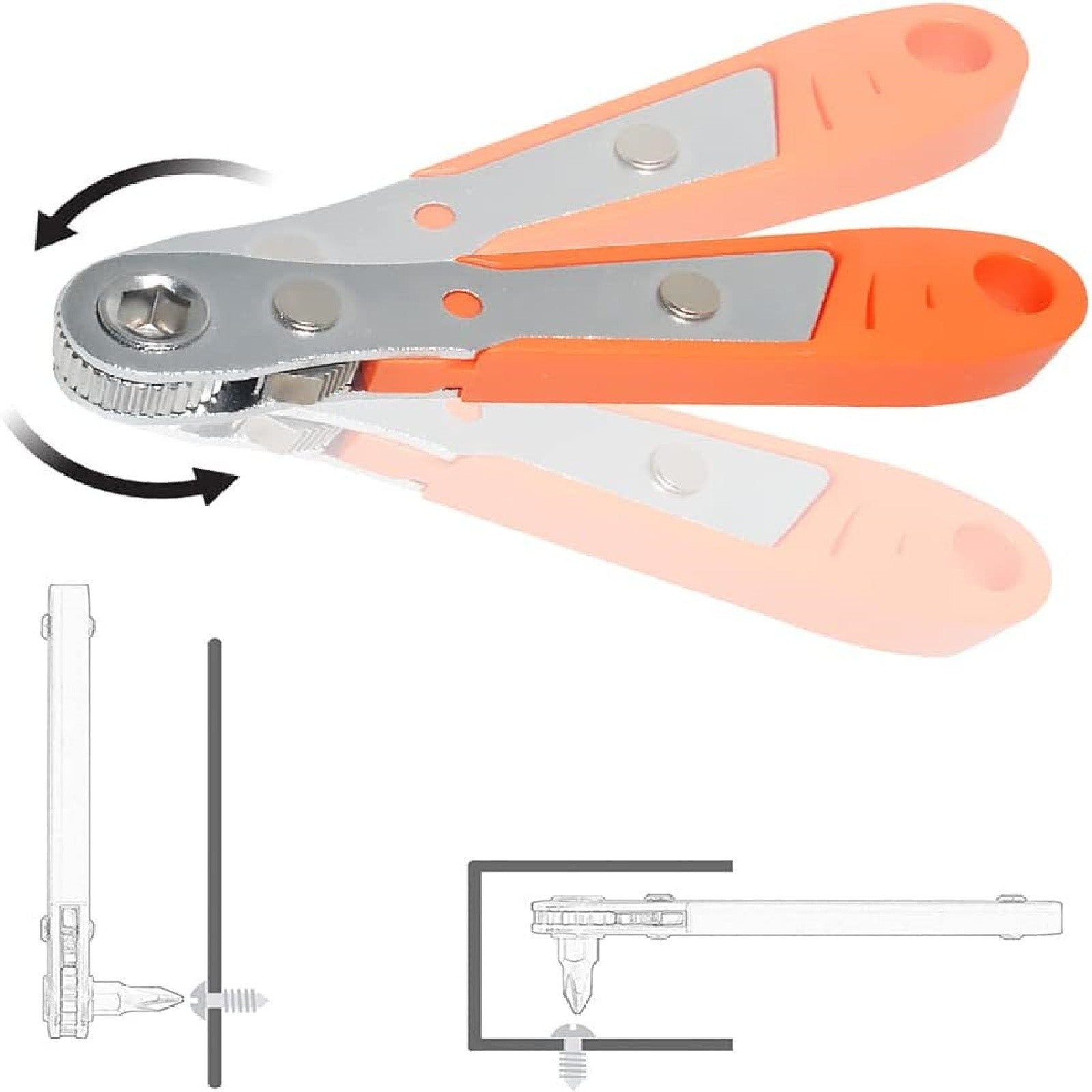 1 or 2 Set Ratcheting Right Angle Screwdriver - 90 Degree Offset Hex Drive with Bits