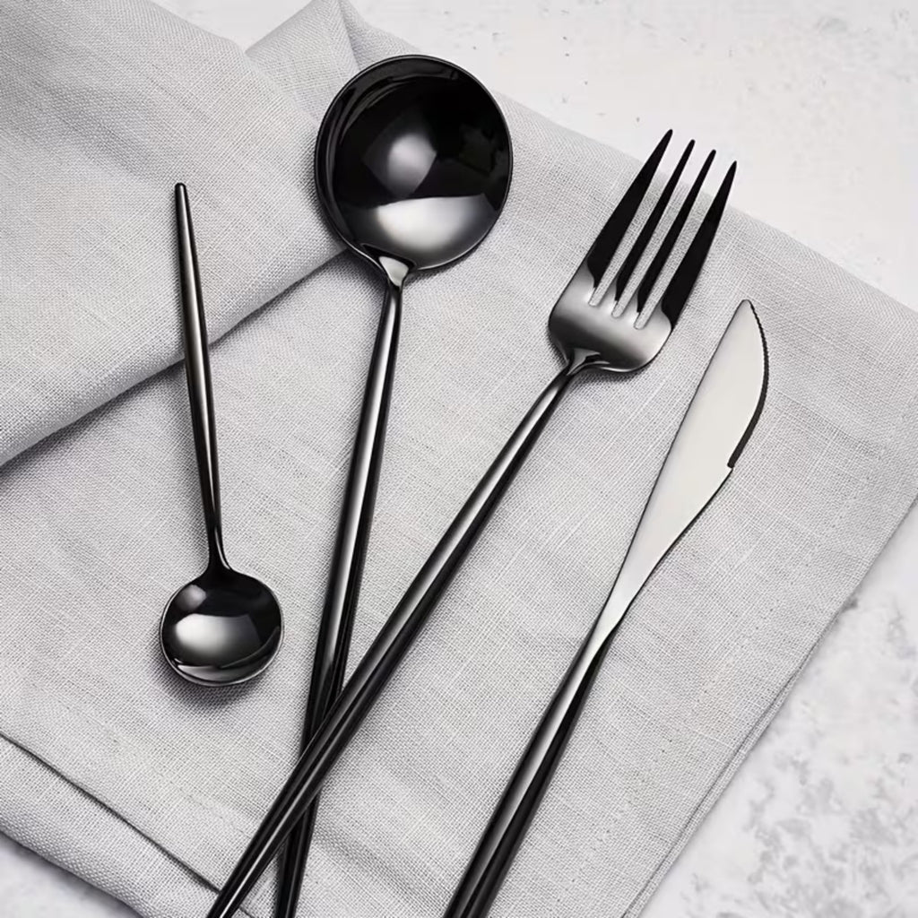 24 Piece Stainless Steel Cutlery Set – Black Dinner Knife Fork Spoon Teaspoon Set for Home Dining