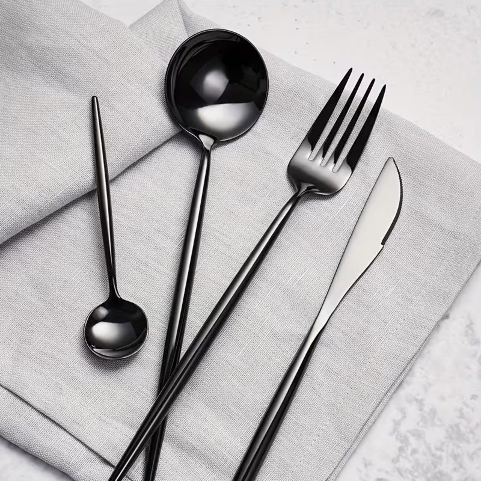 24 Piece Stainless Steel Cutlery Set – Black Dinner Knife Fork Spoon Teaspoon Set for Home Dining