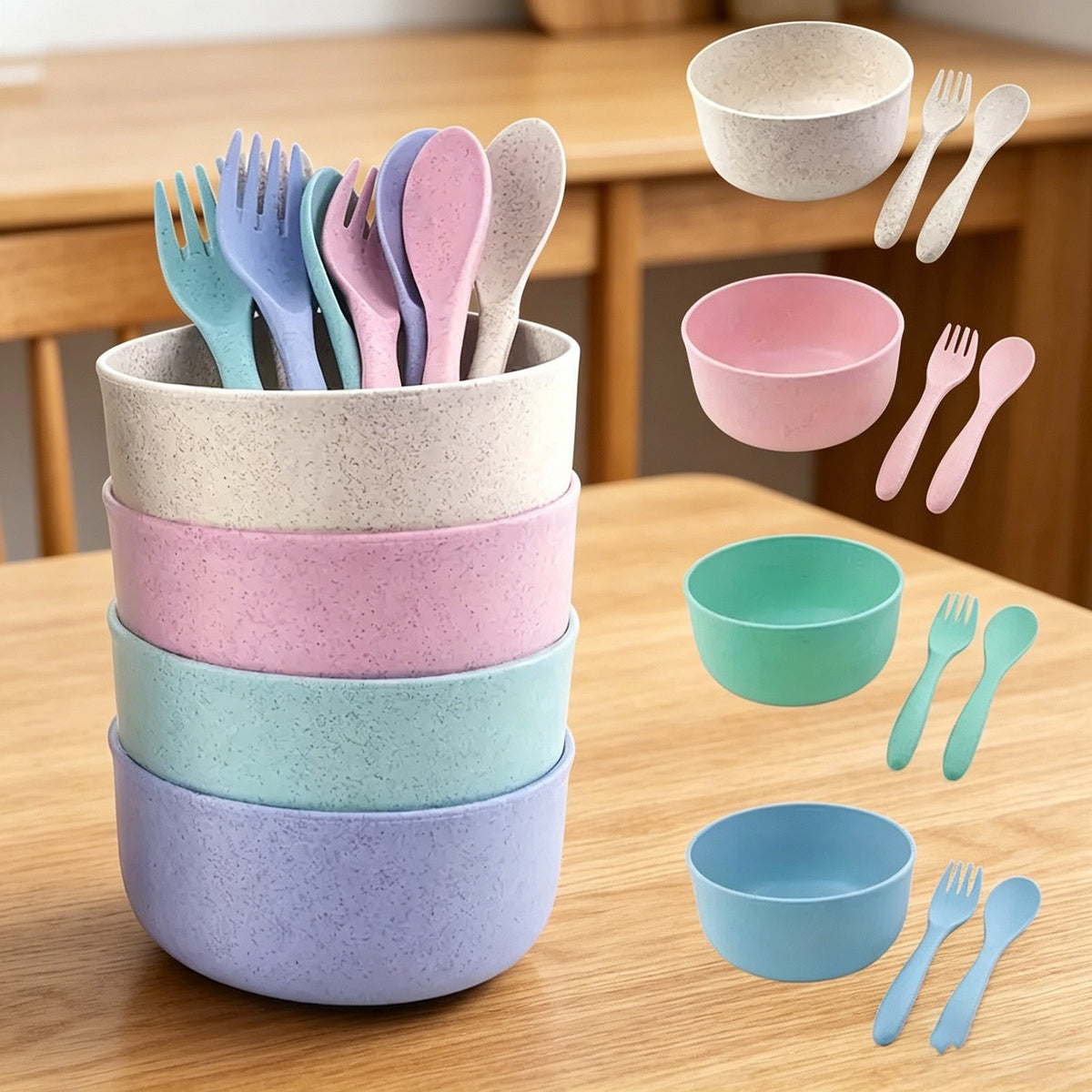 Wheat Straw Dinnerware Set, Kitchen Bowl, Fork and Spoon, Kitchen Dinnerware Set