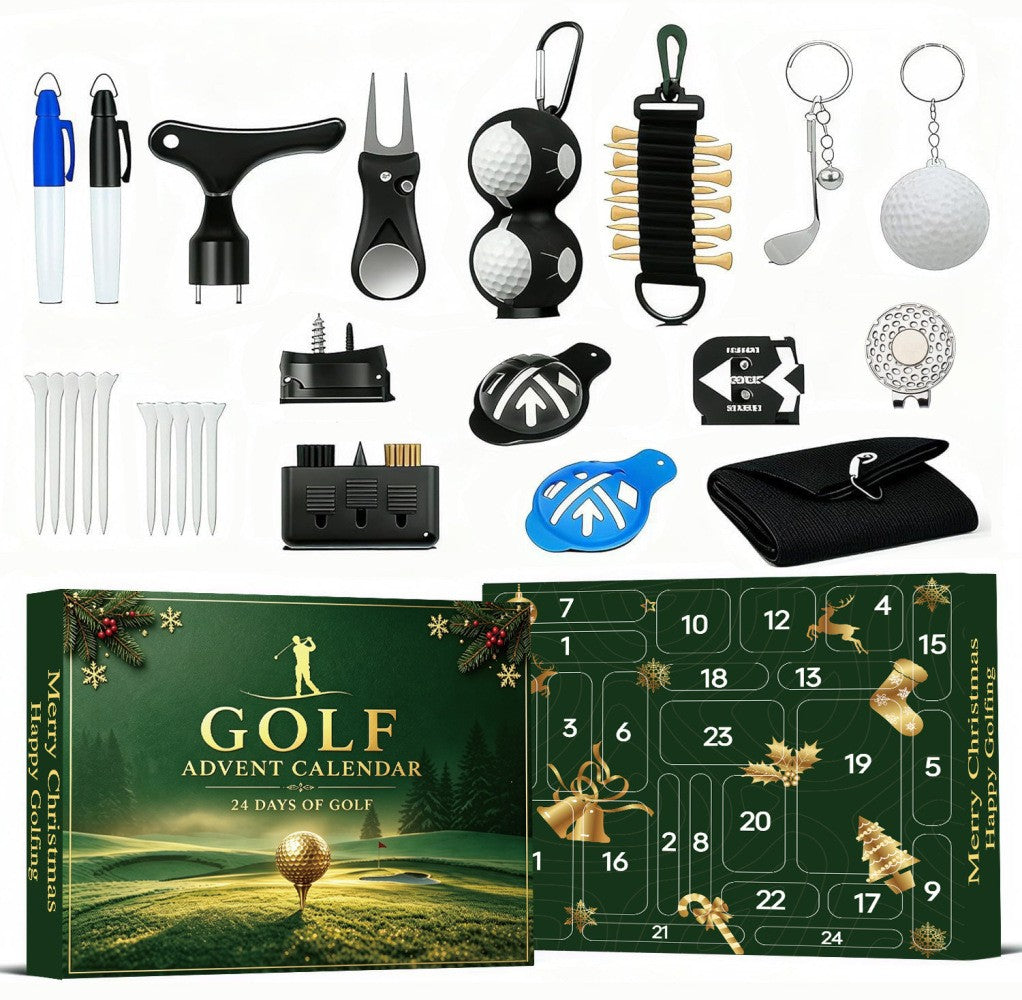 Golf advent calendar 2026 green box with 24 golf accessories on a white background