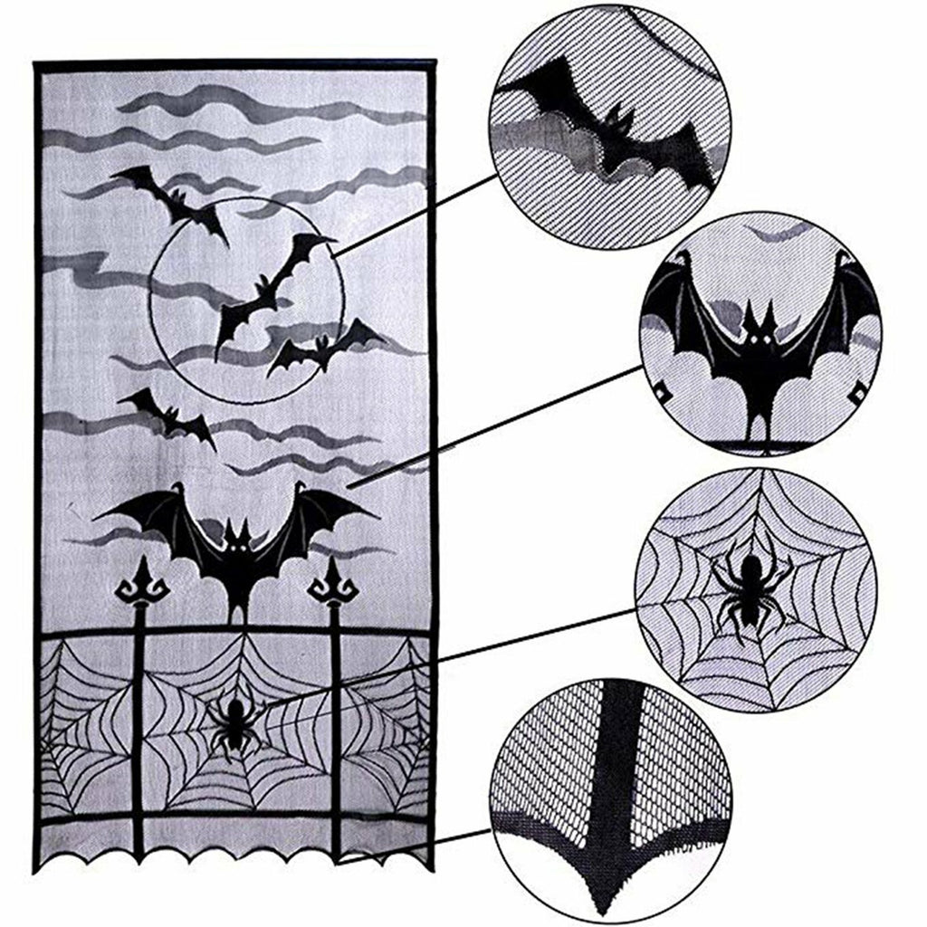 1-4PCS Black Lace Bat Halloween Curtains Gothic Window Party Hanging Decoration