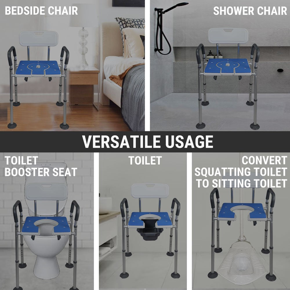 5-in-1 Adjustable Commode Shower Chair with Arms & Back | Raised Toilet Seat & Bedside Mobility Aid for Elderly