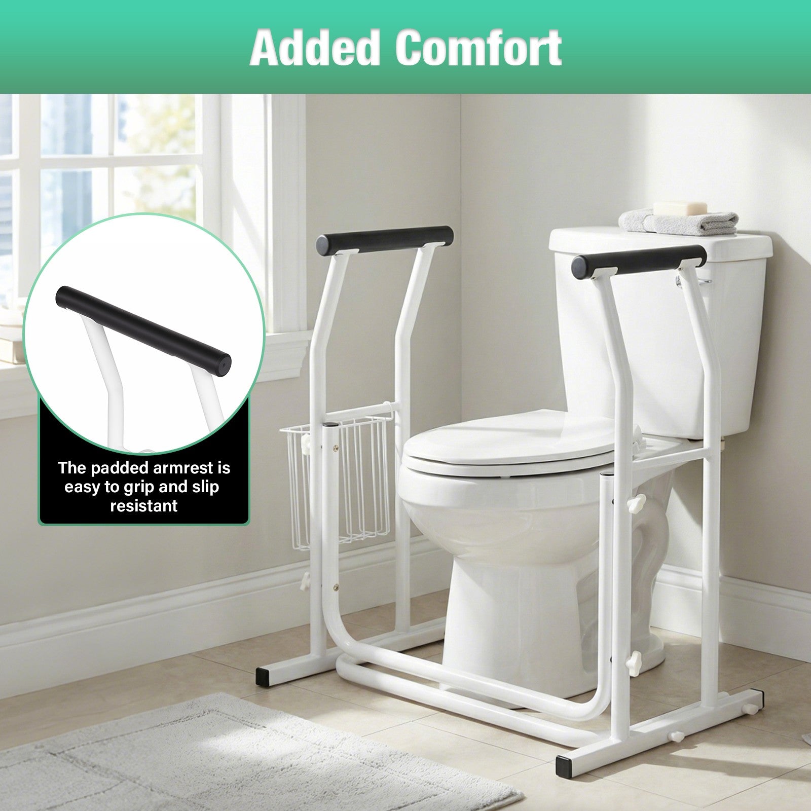 Toilet Support Frame Safety Grab Rail with Storage Basket Non-Slip Toilet Aid for Elderly & Disabled