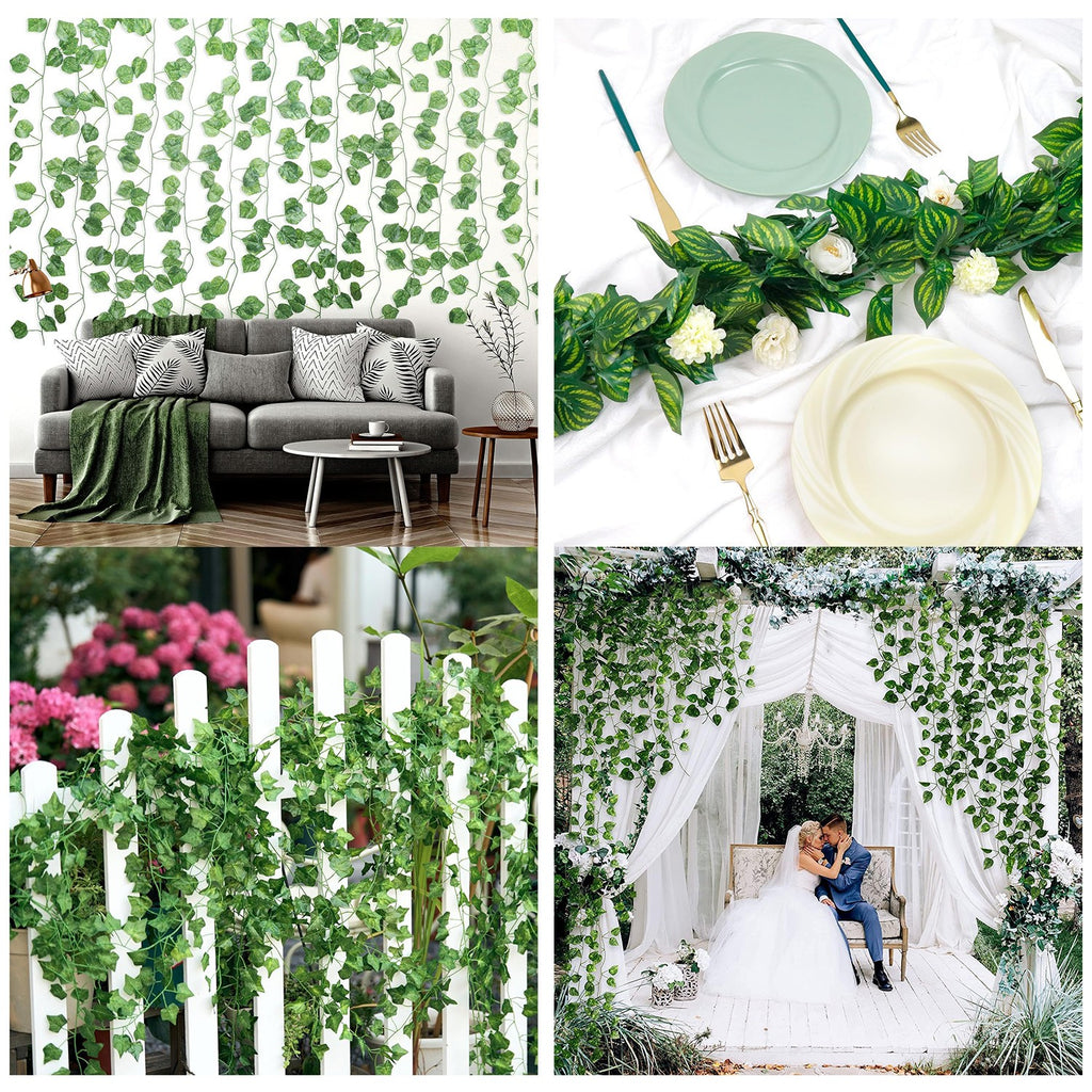 12PCS 2M Artificial Ivy Vine Garland - Fake Hanging Green Leaf Plant for Party Home Decor