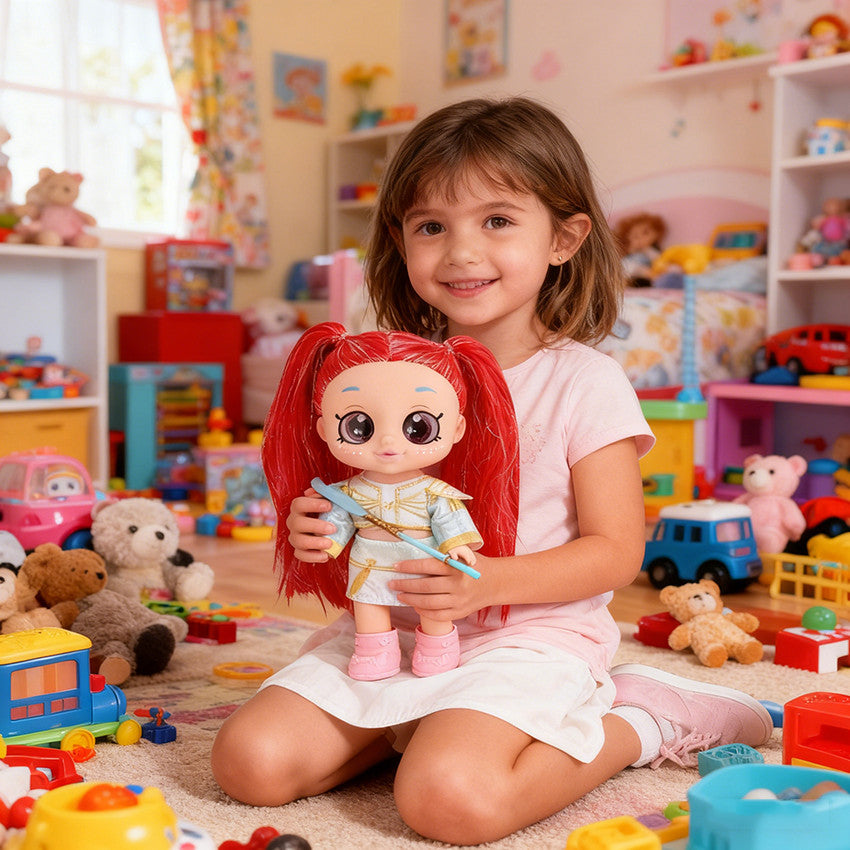 Girl holding a red hair fashion doll among her toys
