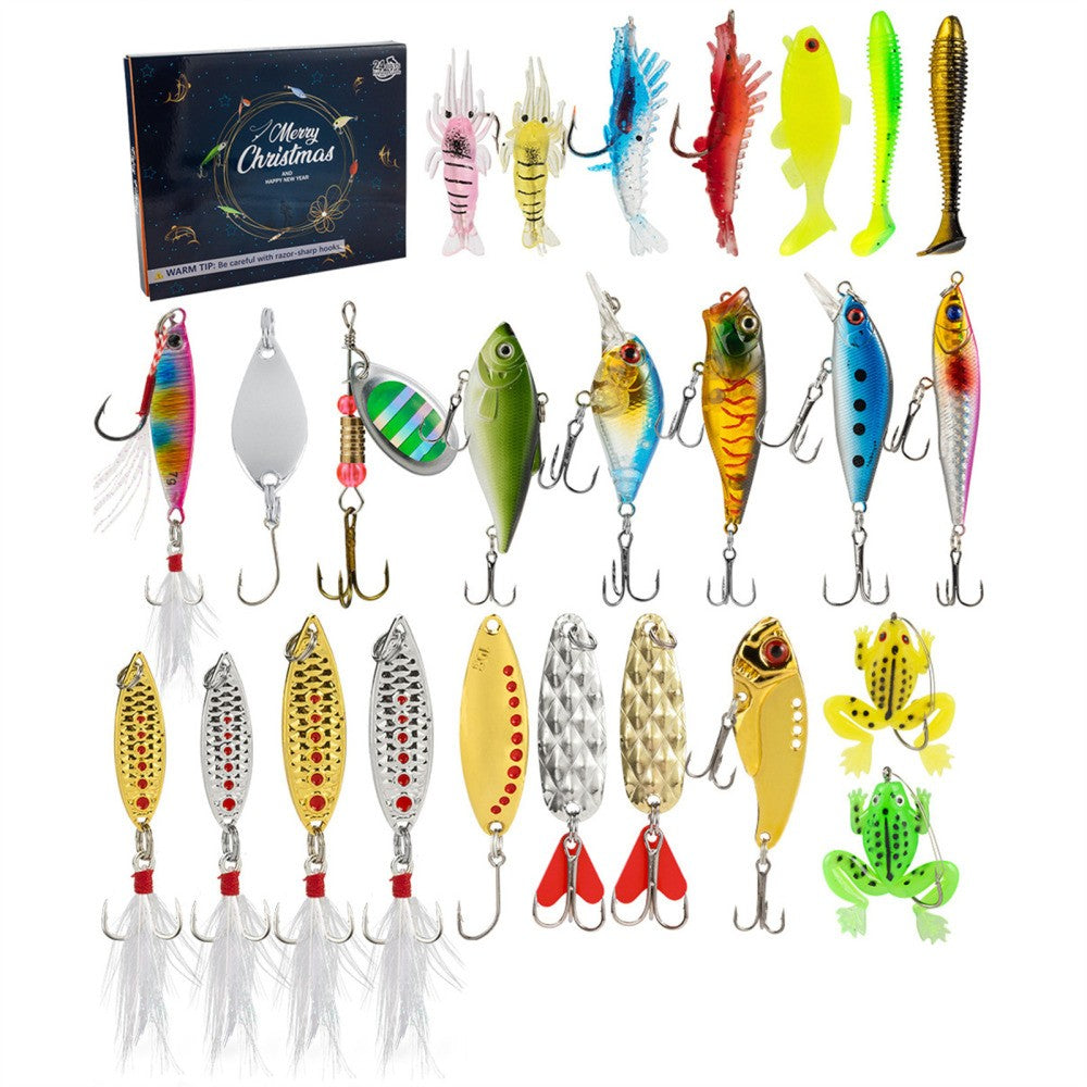 Fishing lure advent calendar Set B with feathered spoons, minnows, crankbaits and soft shrimp