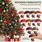 Wooden parachute Christmas ornaments 16 piece set on tree with festive decoration