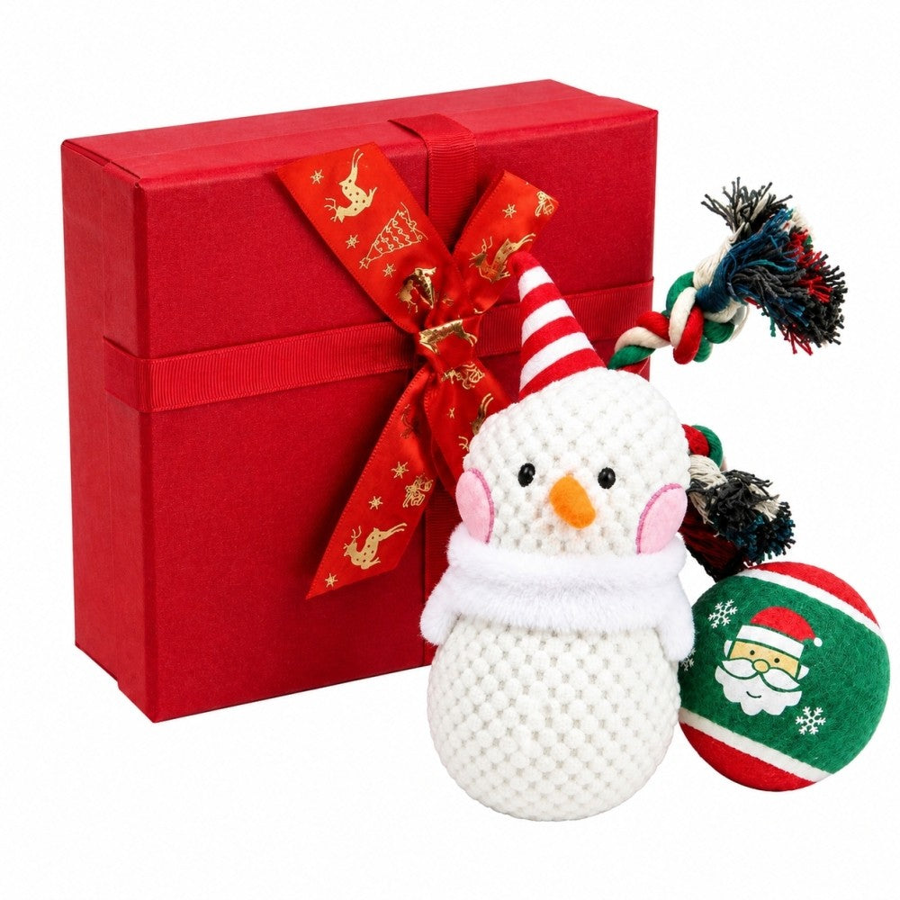 Christmas dog toy set with plush snowman, cotton rope and Santa ball in a red gift box