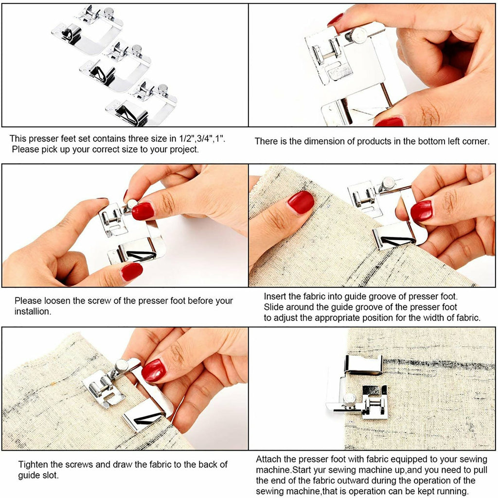 3Pcs Wide Rolled Hem Presser Foot Set – Snap On Hemmer Feet for Domestic Sewing Machines