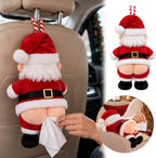 Santa butt tissue holder hanging from a car headrest with a tissue being pulled out