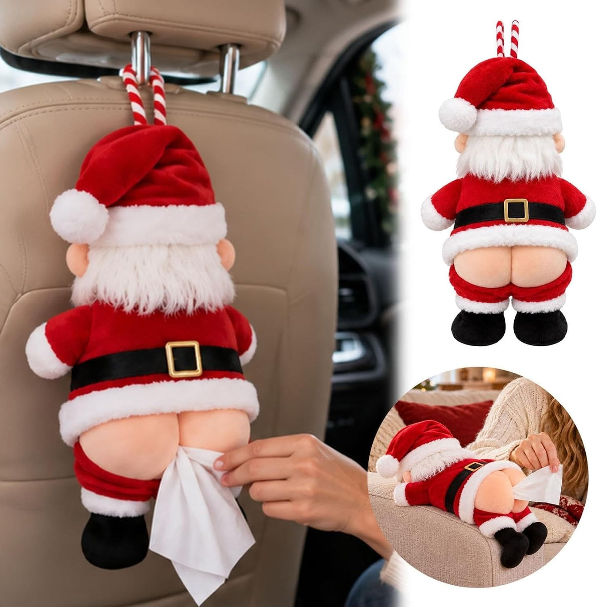 Santa butt tissue holder hanging from a car headrest with a tissue being pulled out
