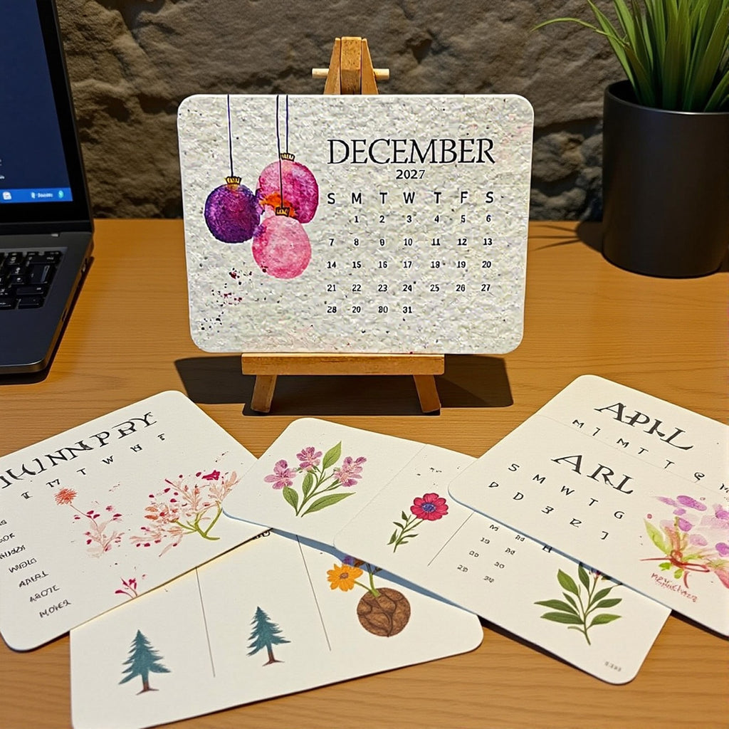 Seed paper 2027 calendar cards spread on a desk with laptop and plant