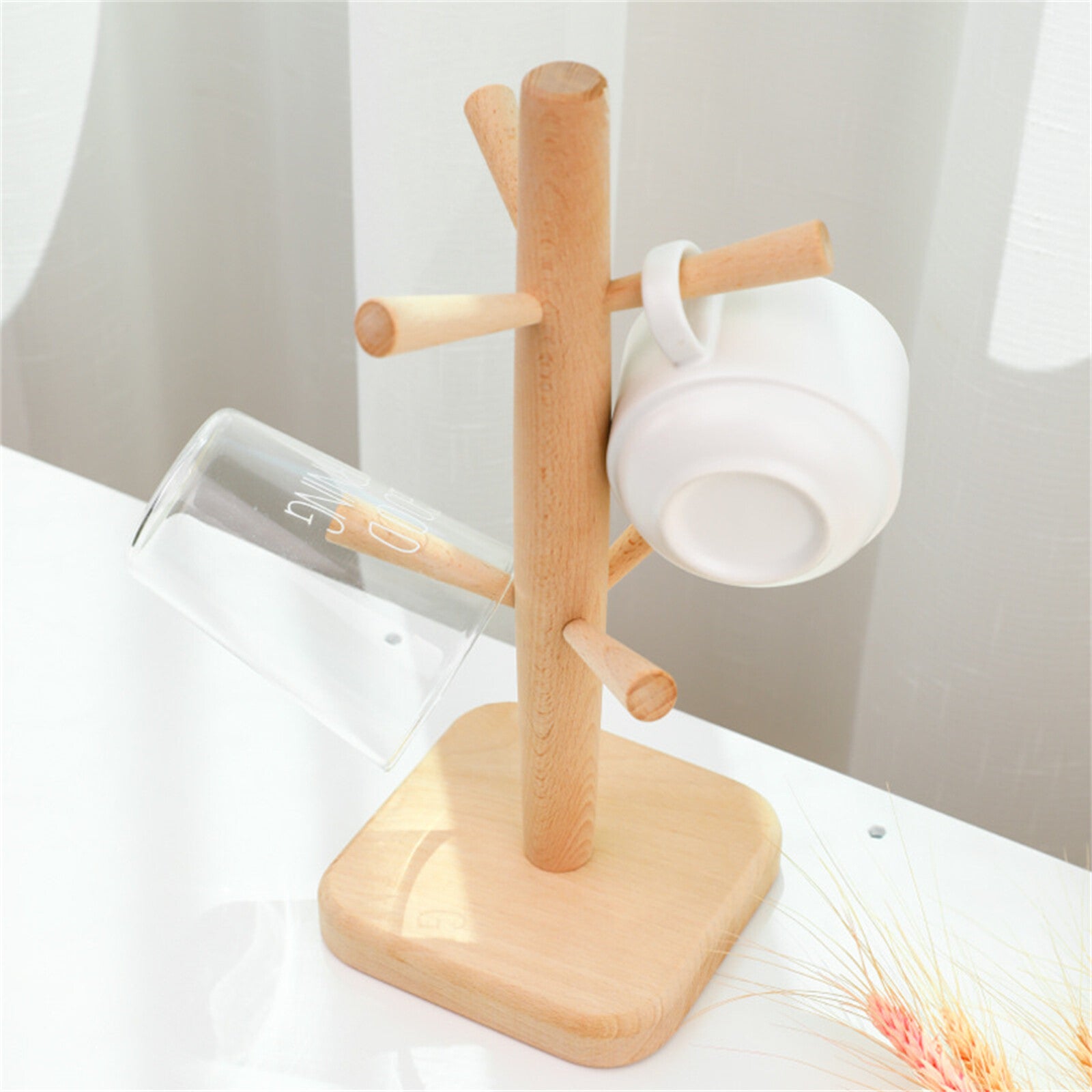 2PCS Wooden Mug Rack Tree with 6 Hooks - Coffee Cup Organiser Stand for Kitchen Counter