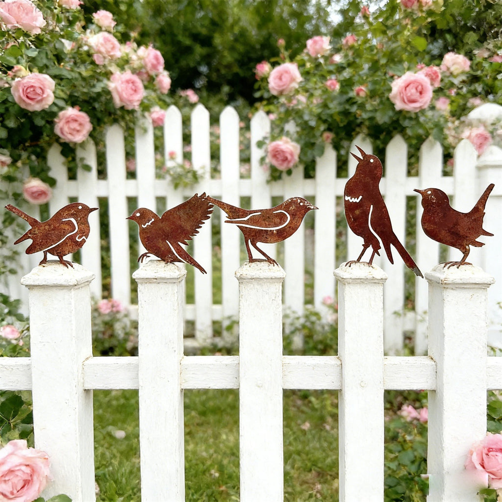 5pcs Rusty Bird Silhouette Garden Decor | Metal Bird Ornaments with Rustic Patina