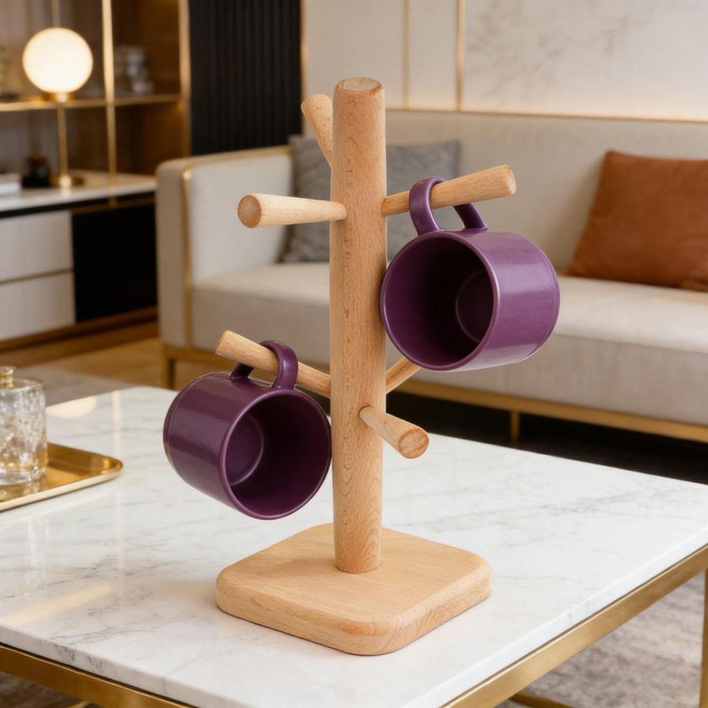 2PCS Wooden Mug Rack Tree with 6 Hooks - Coffee Cup Organiser Stand for Kitchen Counter