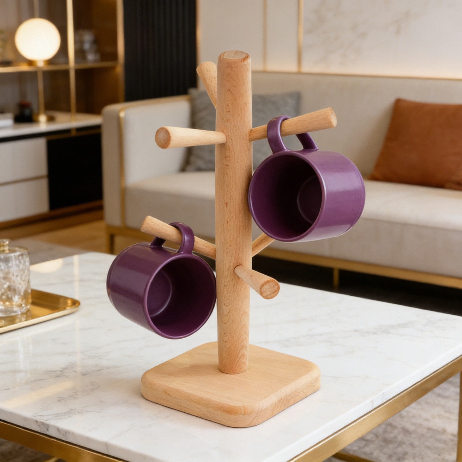 2PCS Wooden Mug Rack Tree with 6 Hooks - Coffee Cup Organiser Stand for Kitchen Counter