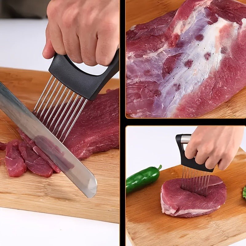 3PCS Food Slice Assistant Onion Slicer Holder - Stainless Steel Vegetable and Meat Cutter Guide