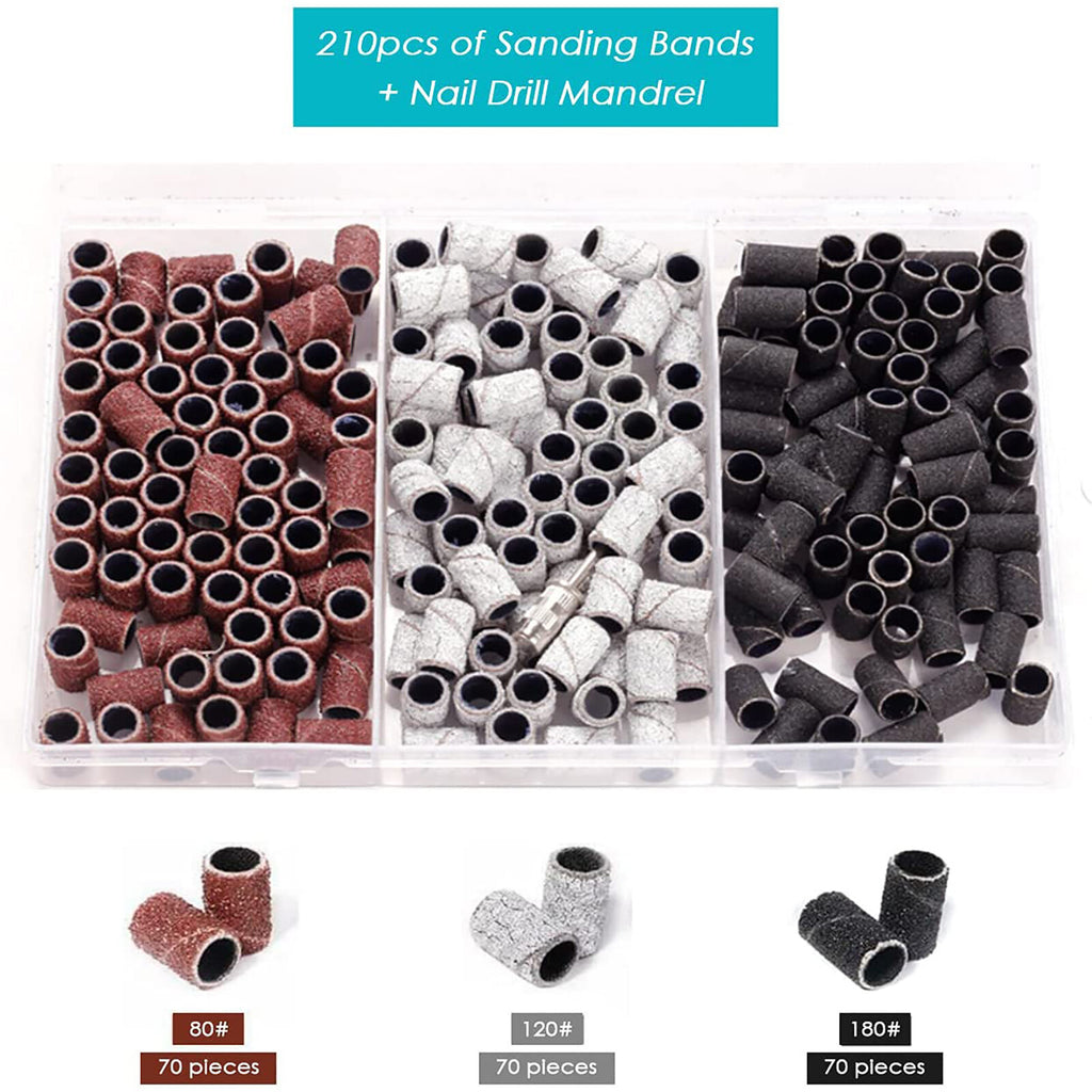 210pcs Nail Drill Sanding Bands Set | 80/120/180 Grit Nail File Bits with Storage Box