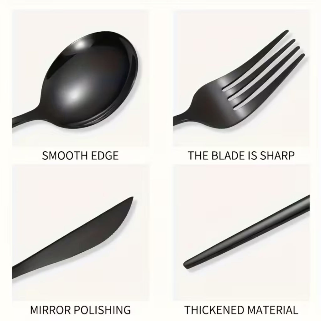 24 Piece Stainless Steel Cutlery Set – Black Dinner Knife Fork Spoon Teaspoon Set for Home Dining